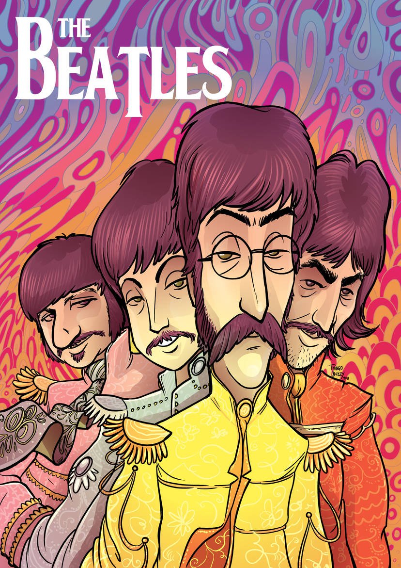 Ilustración psicodélica de los Beatles estilo Sgt. Pepper, con los cuatro integrantes en primer plano